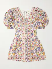 [Farm Rio] Farm Rio - Greek Garden Ruffled Floral-print Linen And Lenzing™ Ecovero™-blend Mini Dress - White - small small White