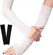 [Blogiiup] UV Protection Lace Arm Sleeves Floral Fingerless Gloves Summer Driving Gloves for Wedding Parties 2Pairs Black and White, uv Protection Gloves