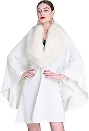 [BAILEYU] Women Knit Cape Coat Cardigan Shawl Wrap Stole Cloak Poncho with Elegant Faux Fox Fur Collar for Wedding Party,White