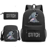 Lilo Stitch Backpack Three-piece Set School Bag_x-Black