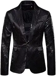 [Generic] Men's Sequins Suit Jacket Shiny Sparkly One Button Blazers Glitter Clothes Party Tuxedo Wedding Prom Festival Costume, A-black, Small