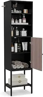 Giantex 146 CM Tall Bathroom Storage Cabinet, Freestanding Cabinet w/Adjustable Shelfs & Bottom Storage, Sturdy Metal Support Slim Cupboard w/Door for Living Room Kitchen Office (Black & Grey)