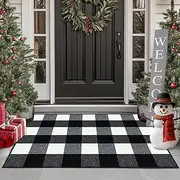 FONEYI Buffalo Plaid Outdoor Rug, 24"x36" Checkered Front Door Mat, Non Slip Absorbent Entryway Rug Doormat Indoor, Washable Outdoor Rugs for Layered Door Mats Front Porch/Farmhouse Black and White