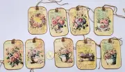 9~Ephemera~Handmade~Linen Cardstock~French~Roses~Gift~Hang~Tags~Junk Journals