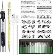 Rechargeable cordless Electric Micro Engraver Pen Mini DIY Engraving Tool Kit for Metal Glass Ceramic Plastic Wood Jewelry with 30 Bits and 16 Stencils and 1 Scriber Pen (silver)