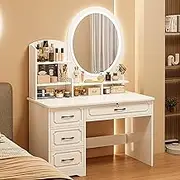 LGYWPA Dressing Table, Vanity Desk with Lighted Mirror and Lights, 3-Colour LED Lights, Makeup Desk with 4 Large Drawers and 3 Shelves Storage, Modern Makeup Table for Bedroom, White,Round Mirror