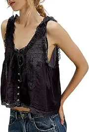 [Generic] Women Sleeveless Lace Tank Tops Vacation Front Tie Mesh Chiffon Tops Cotton T