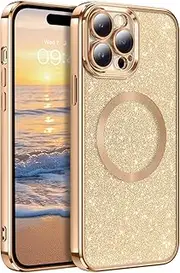 GaoBao Magnetic for iPhone 14 Pro Case, Slim Fit iPhone 14 Pro Case [Compatible with Mag Safe] Luxury Sparkle Shiny Full Body Protective Phone Cases Covers for iPhone 14 Pro 6.1 inch, Gold Glitter