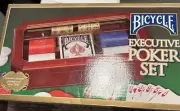 Bicycle Executive Poker Set Wood Box Glass Top Cards Chips & Dice Read Details