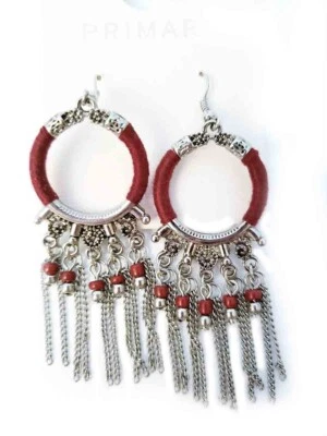 Women's South Asia Style Boho Dangle Earrings Red Silver Gray