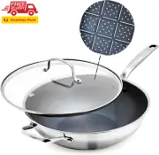Hybrid Nonstick Stainless Steel 12” Wok with Lid, Pfas-Free Ceramic Diamond Surf