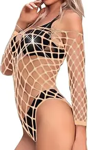 [VINICUNCA] Women Sexy Sparkly Rhinestone Fishnet Bodysuit Teddy Lingerie Long Sleeve Large Mesh Cutout Fishnet Bodystockings