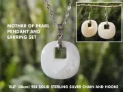 Square Mother of Pearl pendant & earrings 16" 925 Solid Silver chain