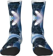 [JEJEA] Winter Christmas Snow Night Railway Train print Socks For Men and Women Men's Moisture Control Crew Socks Gifts For Golf, Hunting, Camping