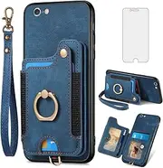 Mobile Phone Case for iPhone 6 Plus/6s Plus Case with Glass Film Screen Protector Magnetic Ring Stand Card Slot Foldable Leather Wallet Stand iPhone 6sPlus Case i 6Plus 6sPlus S S6 + 6+ 6s+ Mobile Phone Case Blue