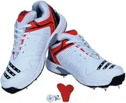 FIRE FLY HOWZATT Full Spike Cricket Shoes for Men's White Red PU Breathable Ultralight with Metal Nails & Tool (9 US)
