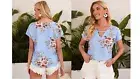 NEW! Women Size L Keyhole Neck Light Blue Floral Print Top