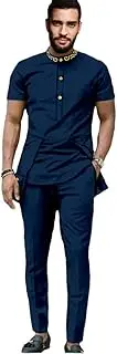 [Sweejim] African Clothes For Men Embroidery Short Sleeve Shirt And Pant 2 Piece Set Dashiki Outfit