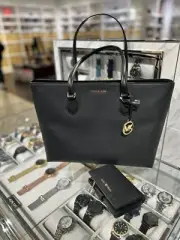 Michael Kors Sheila Large Women Black Tote Handbag w/ Bifold Zip Coin Wallet Set