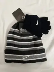 NEW Nike Youth Kids Swoosh Black Gray & White Winter Hat & Glove Set NIKE KIDS