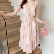 Spaghetti Strap Floral Print Midi A-Line Dress / Plain Ruffled Open Front Cardigan Dress - Floral - Pink - S