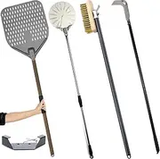 Perforated Pizza Oven Tools Set of 4 13" Square Pizza Peel 9" Round Pizza Spatula 49" Cleaning Rake 43" Clean Copper Brush Steel Scraper Compatible All Oven