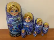 Nesting Doll Matryoshka 9" 7 Pc Russian Winter Snow Troika Hors Painted Wooden
