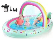 Rainbow Unicorn Inflatable Play Center Kiddie Pool with Slide and Sprinkler f...