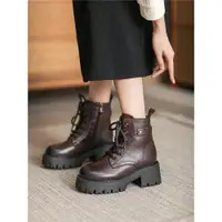 在飛比找ETMall東森購物網優惠-頭層牛皮棕色加絨馬丁靴真皮厚底高跟小個子靴子冬季保暖女士短靴