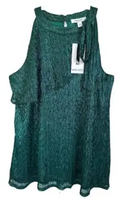 Nine West Women's Dressy Knit Top Sleeveless Lined Shiny Tiered Size XL Emerald