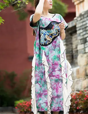 棉麻繡花海帶連身裙民族風龍繡袍子小清新風格的連身裙