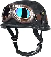 Personality German Style Motorcycle Half Helmet Retro Leather Open Face Half Shell Helmet + Goggles DOT Approved Men & Women Street Cruiser Scooter Jet Helmets