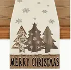 Christmas Table Runner 13x90in Linen Off White Brown Trees Merry Christmas