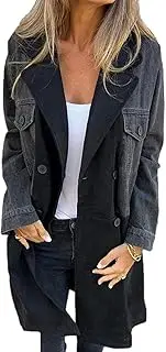 [Generic] Medium-Long Trench Coat with Jeans Seams, Reversal Button, Long-Sleeved Jeans Jacket Trench Coat, Women's Brief Coat, Classic Reversal Overhead cladding coatBlack,4XL