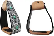 CHALLENGER Horse 5" Black Engraved Slanted Offset Angled Saddle Stirrups Green Turquoise Stone 51225