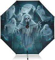 [PDZRMY] UV Protection Travel Umbrella Spooky Halloween House Compact for Rain and Sun - Auto Open and Close UPF 50+ Windproof Portable 46” Sun Umbrella for Women and Men