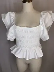 NWT Zara popplin top with flutter sleeve size large white smocked blouse ruffle