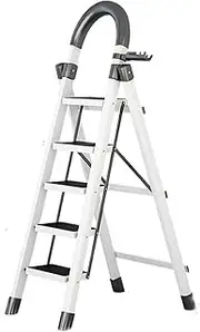 Folding Ladder Step Ladder Steel Lightweight, 4 Step/5 Step Folding Step Stool Wide Anti-Slip Pedal, with handrail 330 Lbs Capacity, Household Office Portable Stepladder Portable Ladder(White,5 Step)