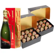 Chocolate Dipped Strawberries & Mumm Champagne Dessert Box - Two Dozen - Edible Blooms