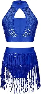 [Sxiwei] Big Girls Jazz Latin Performance Costume Sequin Crop Top with Skirt Set Modern Ballroom Dancewear