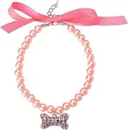 Dog Necklace Collar for Small Dogs Cat Pearl Collar Breakaway Dog Choker Necklace Rhinestone Bead Dog Collar Necklace Pink Bow Dog Necklace Valentines Day Dog Cat Pet Neck Accessories for Dog