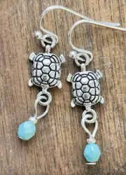 Etched Silver Sea Turtle and Blue Bead Dangle Earrings.