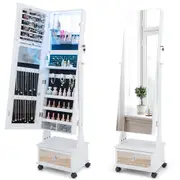Giantex Mobile Jewelry Mirror Cabinet Adjustable Angle Jewelry Organiser w/3-Color LED Light/Foldable Shelf & Drawer White