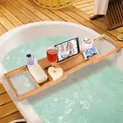 BAMBOO WOOD BATH TRAY CADDY with Book Wine Tablet Phone Holder Adjustable