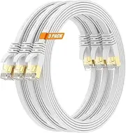 Surplay Cat7 10FT-3Pack Ethernet Cable Flat-White-10Gbps High Speed Ultra Slim Double Shielded with Gold-Plated RJ45 Ground Wire & Cable-Tie for PS5/4,Xbox,TV,Router,PC,NAS
