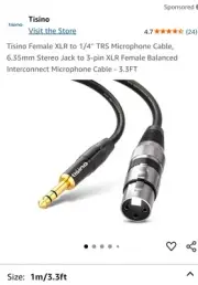 Tisino 3 Pin Female XLR To 1/4 TRS Microphone Cable, 3.3 Ft Length, NEW!