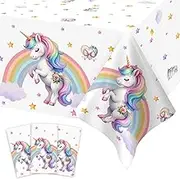 Lopeastar 3Pcs Unicorn Birthday Decorations Tablecloths,Unicorn Party Decorations Pastel Rainbow Large Size Rectangle Table Cloths 54 x 108 Inch