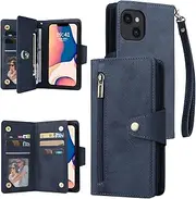 YocoverTech for iPhone 13 Case,for iPhone 14 Wallet Case[6 Card Slots and 1 Zipper Coin Pocket] PU Leather Stand Flip Cover with Wrist Strap[6.1 inch]-Blue