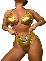 LEOMOSTE Women Sexy Metallic Bikini Set Shiny Bathing Suit Push Up Swimsuit Beachwear