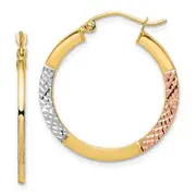 10K Yellow W/Rhodium White & Rose Rhodium D/C 2.5X25mm Hoop Earrings